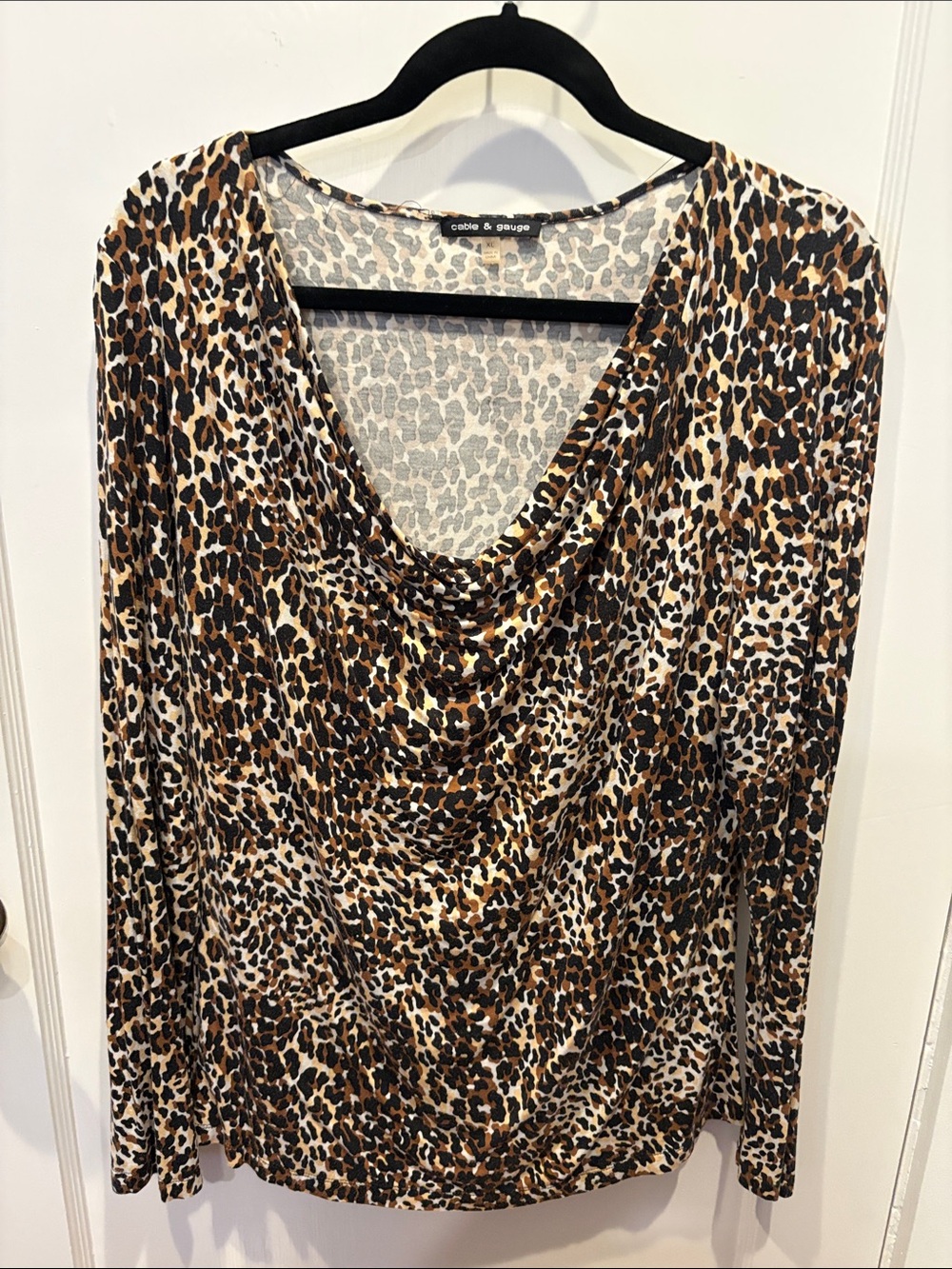 Cable & Gauge Leopard Print Cowl Neck Long Sleeve Top - Brown/Black/Cream BN103